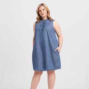 Draper James Sleeveless Dark Denim Chambray Ruffle Shift Dress Large Reese